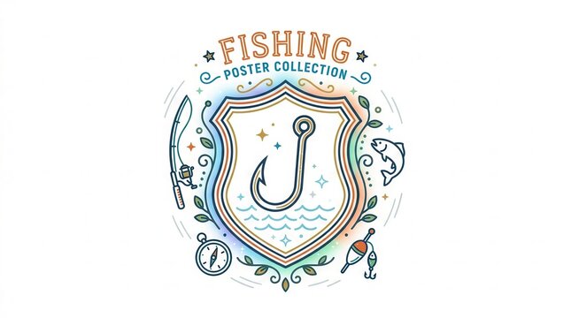 fishing poster collection logo, hook badge