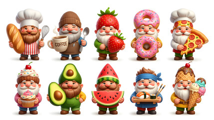 Fototapeta premium Cute funny food gnome collection with baker gnome, coffee gnome, strawberry gnome, donut gnome, pizza gnome, cupcake gnome, avocado gnome, watermelon gnome, sushi gnome and ice cream gnome, premium 3D