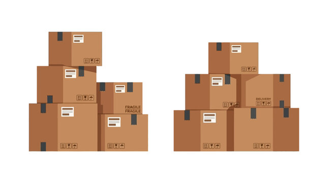 Cardboard boxes are neatly stacked in two distinct groups to illustrate logistics and shipping concepts.