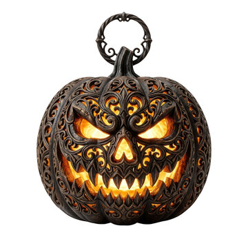 Ornate carved pumpkin lantern with glowing light isolated on transparent background