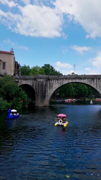 Establishing Shot of S&atilde;o Gon&ccedil;alo Bridge Over, Amarante, Portugal
