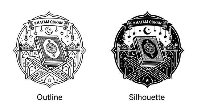 Khatam Quran Outline and Silhouette: A stylized depiction of a holy book, presented in both outline and silhouette formats, surrounded by mosque minarets, crescent moon, and festive lanterns.