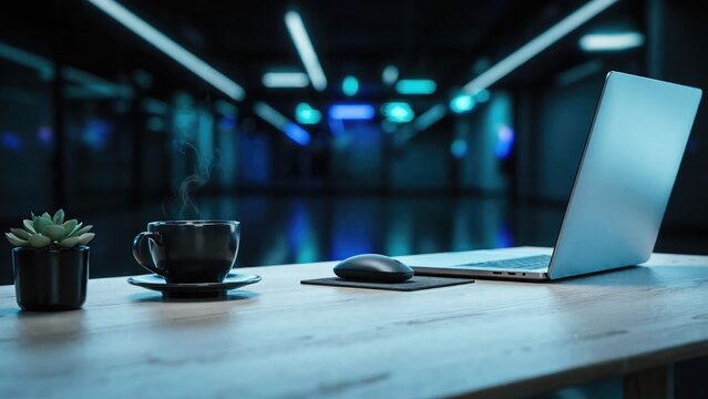 A modern workspace featuring a laptop computer and a cup of coffee on a wooden desk with a blurred dark office background and neon lighting
