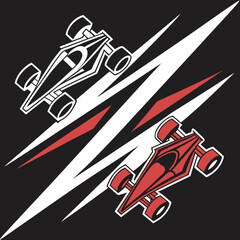 Fototapeta premium Two stylized formula one cars racing, abstract lightning background, dynamic speed, intense competition, automotive, motorsport, vibrant red and black.