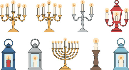 Vintage candelabras burning candles lanterns and jewish menorah collection vector illustration set isolated on white background © Leon