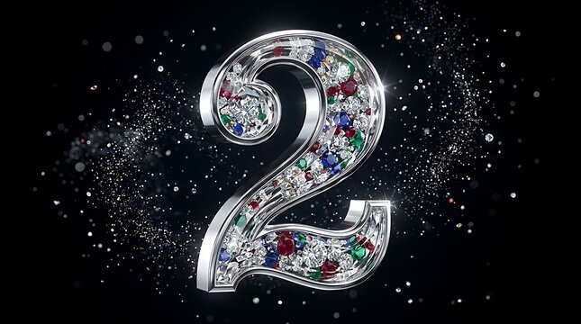 Number two glowing in neon light on dark background. Digital numeral 2 with sparkle effects for modern design projects.