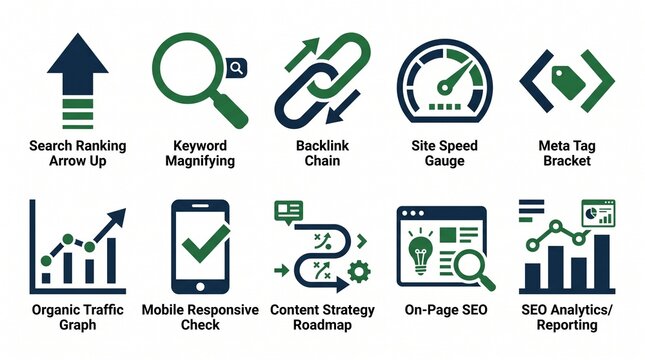 SEO Search Marketing Flat Icon Set for Digital Business App Design