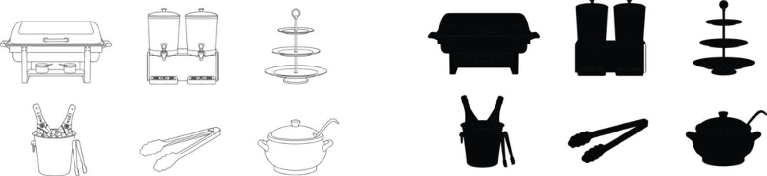 Catering equipment vector set with chafing dish, beverage dispenser, serving stand, and ice bucket