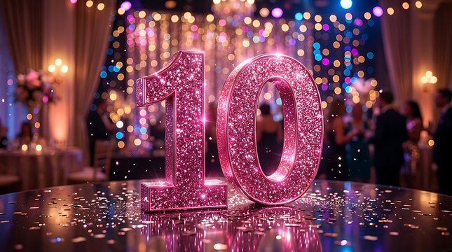 Glittery pink number ten on table with confetti and colorful lights
