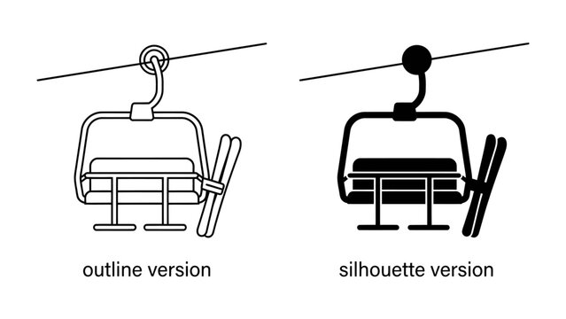 Ski Lift Icons: Two distinct representations of a ski lift chair, one as a clean outline and the other as a bold silhouette, both carrying skis, ready for a mountain adventure.