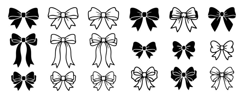 Set of Black and White Bow Ribbon Silhouette and Outline Icons Collection &ndash; Decorative Gift Bow Vector Bundle for Design Elements