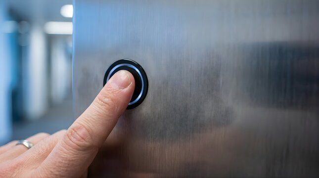 Finger pressing a glowing blue button on a brushed metal wall panel