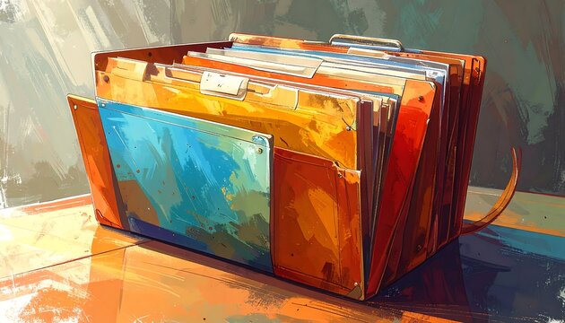 A vibrant, stylized illustration of a file box filled with colorful folders, resting on a reflective surface. Artistic strokes enhance the image