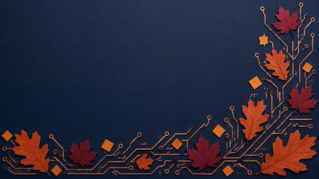 Electronic circuit pattern integrated with autumn foliage decorative frame autumn background copy space fall background seasonal leaves