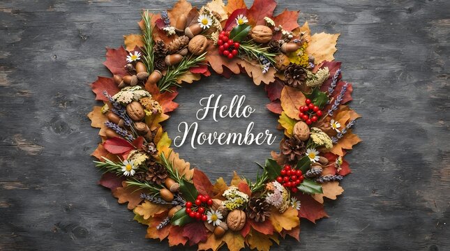 Festive thanksgiving background autumn wreath with fall leaves nuts berries