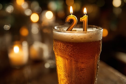 Macro shot of beer and birthday candles for adulthood milestone
