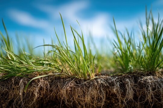 Macro shot of fresh grass patch showing earth and intricate roots under a bright sky