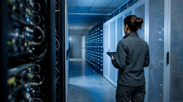 IT technician monitoring server network infrastructure in data center