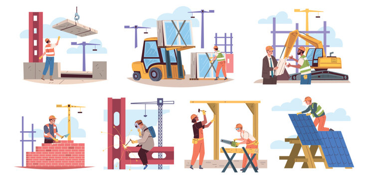Builders work scenes. Construction site, builder worker carpenter bricklayer hardhat house roof woman man building contractor welding job safety helmet classy vector illustration