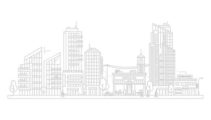 Obraz premium Skyscrapers and Buildings in a Cityscape Illustration with Trees and People Featuring Urban, Architecture, Modern with High-Rise