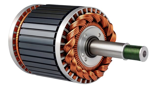 Close-up of copper wire coils in electric motor with metallic shaft and industrial precision