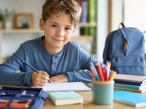 Erster Schultag in Deutschland: Ein Grundschuljunge sitzt mit Stift, Heften und Schulranzen am Schreibtisch und blickt motiviert in die Kamera, bereit f&uuml;r Lernen und Unterricht.