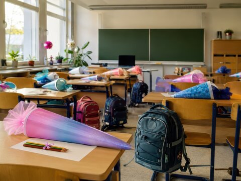 Klassenzimmer zur Einschulung in Deutschland: Bunte Schult&uuml;ten und Schulranzen liegen auf den Tischen und warten im hellen Raum auf die Kinder am ersten Schultag.