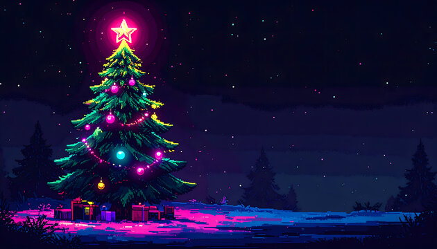 Glowing pixelated Christmas tree with neon ornaments creating playful nostalgic tech mood generative AI