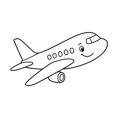 Naklejka premium Cartoon airplane with smiling face flying against a plain background to symbolize travel and joy.