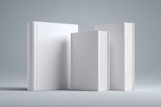 Minimalist book mockup: upright white-cover volumes on a smooth gray backdrop