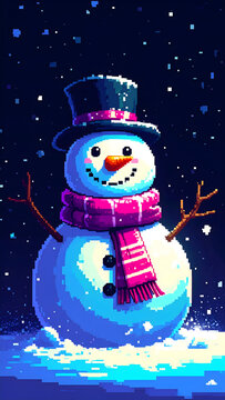 Pixel snowman with glowing scarf under falling pixel snow creating cheerful mood generative AI