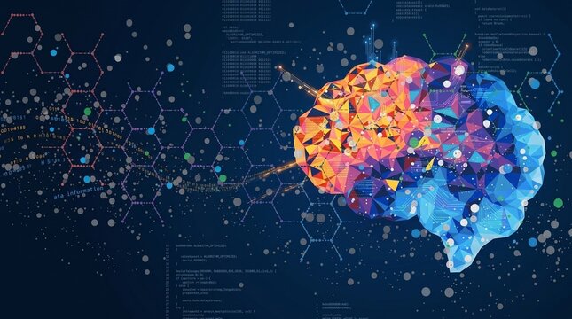 Abstract Low Poly Human Brain with Colorful Polygonal Mesh and Data Programming Code

