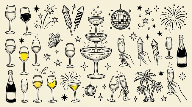 New Year party celebration vector illustration set featuring champagne glasses fountain fireworks disco ball stars festive rockets luxury bottle toast holiday event line art design