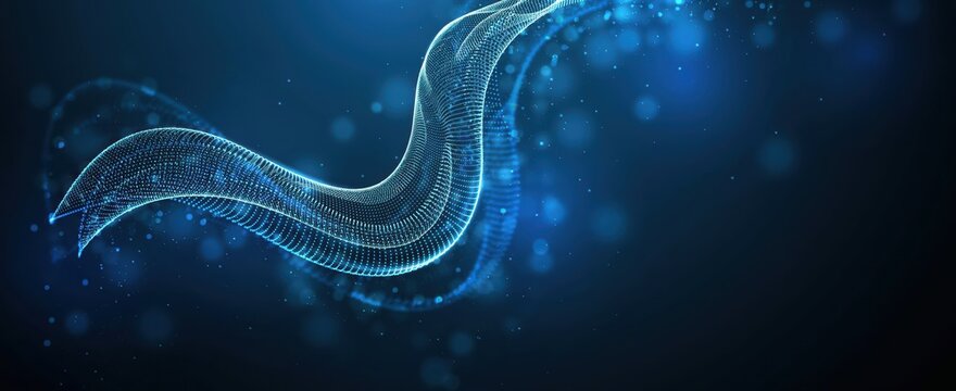 Abstract flowing wave of glowing light particles forming ribbon motion against dark blue background.