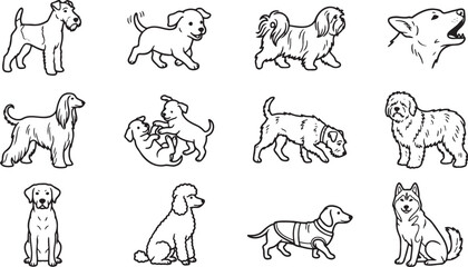 Hand Drawn Dog Collection Set with Different Breeds and Poses, Black Outline Vector Illustration © Rekon