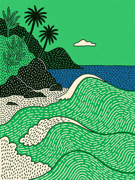 Green Ocean Wave Illustration with Rocky Tropical Coast and Palm Trees for Summer Travel Poster and Surf Background