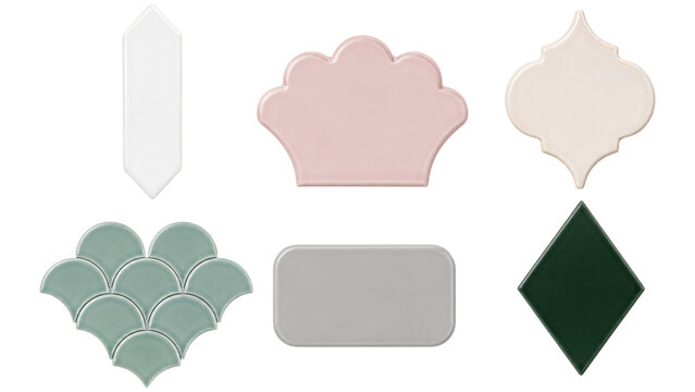 Six decorative ceramic tiles in pastel and deep colors arranged on transparent background, featuring scallop, fish-scale, arabesque, diamond and rounded rectangle shapes