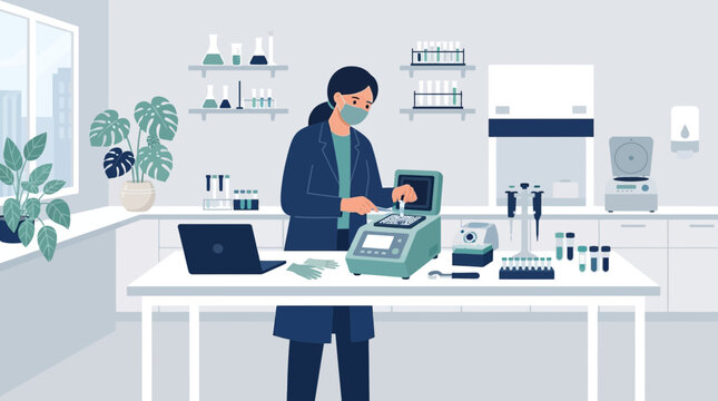 Scientist in lab using PCR machine, DNA analysis, vaccine research