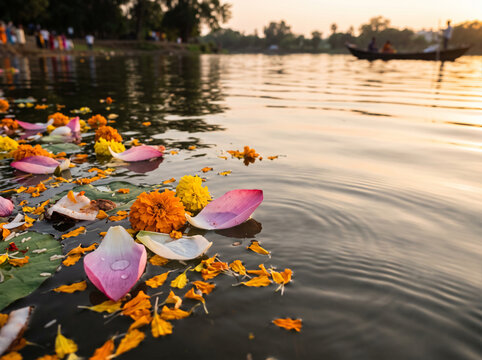 Floating flower petals and sacred offerings after eco-friendly Ganesh Visarjan at sunset on calm water