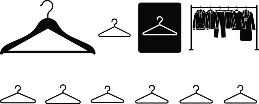 Clothes hanger and wardrobe rack icon set for fashion laundry dry cleaning boutique store apparel solid vector collection
