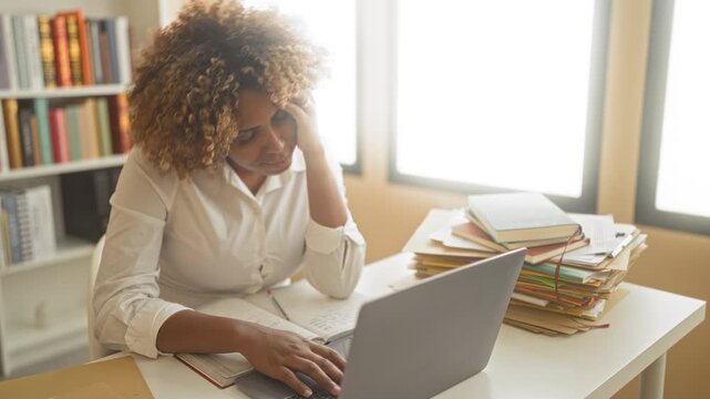 Woman seated at a desk typing on a laptop with hand on forehead and a tall stack of books and folders beside her, head resting on hand in a building; fatigue.