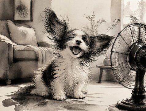 Chien se rafra&icirc;chissant &agrave; c&ocirc;t&eacute; d'un ventilateur en &eacute;t&eacute;
