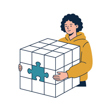 Person holding large cube with teal puzzle piece | Problem Solving Concept