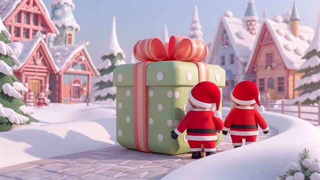 Funny cartoon Santa Clauses with a gift box in a village in winter