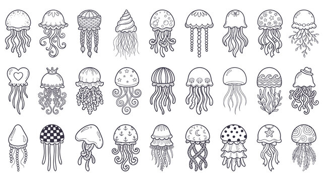 Various cute jellyfish characters set for creative ocean themed art design.