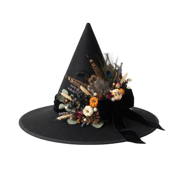 Black witch hat with autumn leaves decoration transparent background