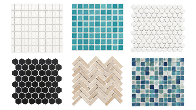 Six tile sample panels showing white square grid, teal glass mosaic, white penny rounds, black hexagons, beige herringbone wood-look, and mixed blue glass mosaic
