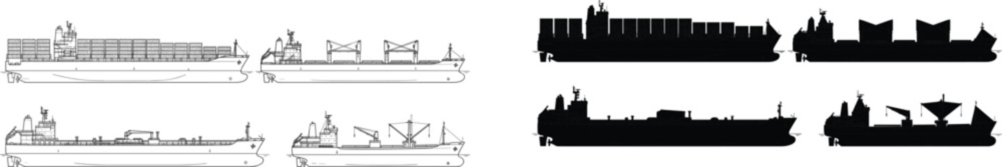 Fototapeta premium Set of container ship, cargo vessel, oil tanker, and bulk carrier vector line and silhouette icons design