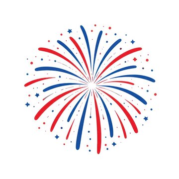Red and blue fireworks burst against a white background, festive design.