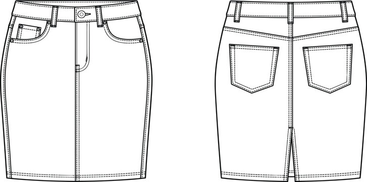 Fashion flat sketch template of a women's denim skirt with pockets and a back slit